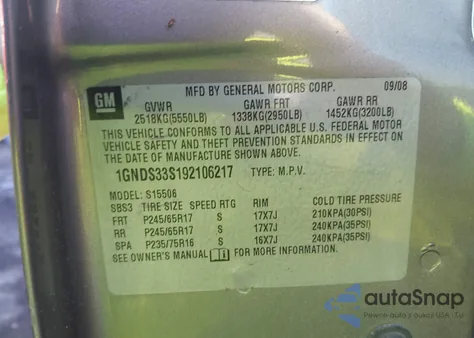 2009 Chevrolet Trailblazer Lt z USA, uszkodzony, nr VIN 1GNDS33S192106217